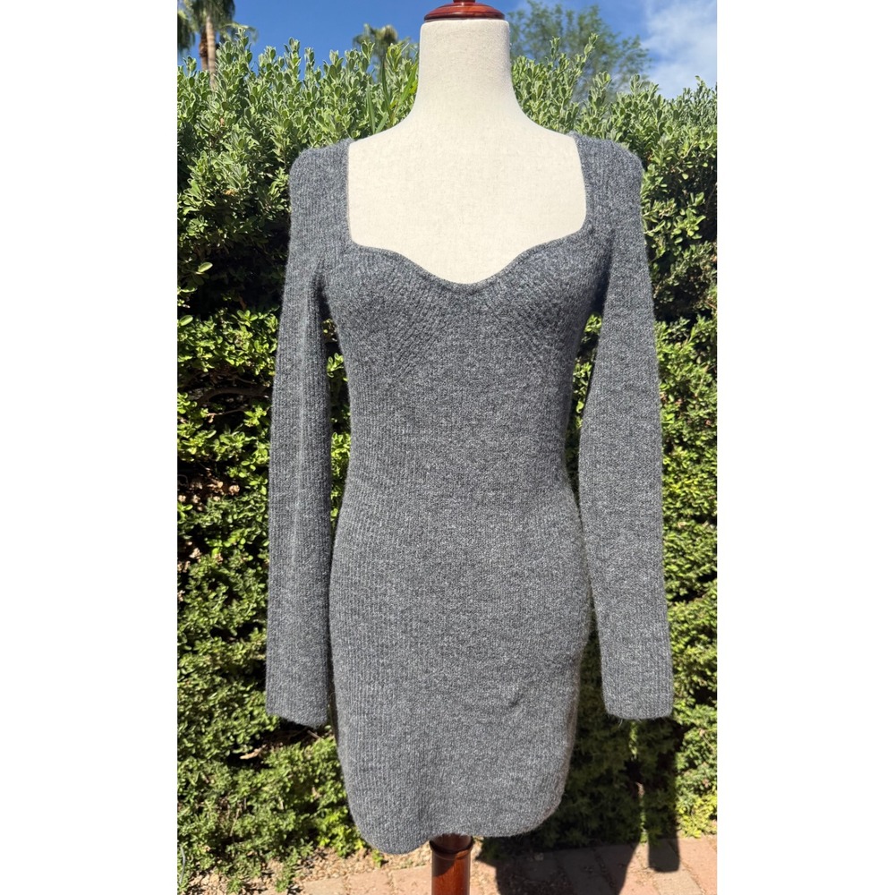 H&M Gray Sweetheart Neck Ribbed Knit Long Sleeve Mini Dress Womens Medium